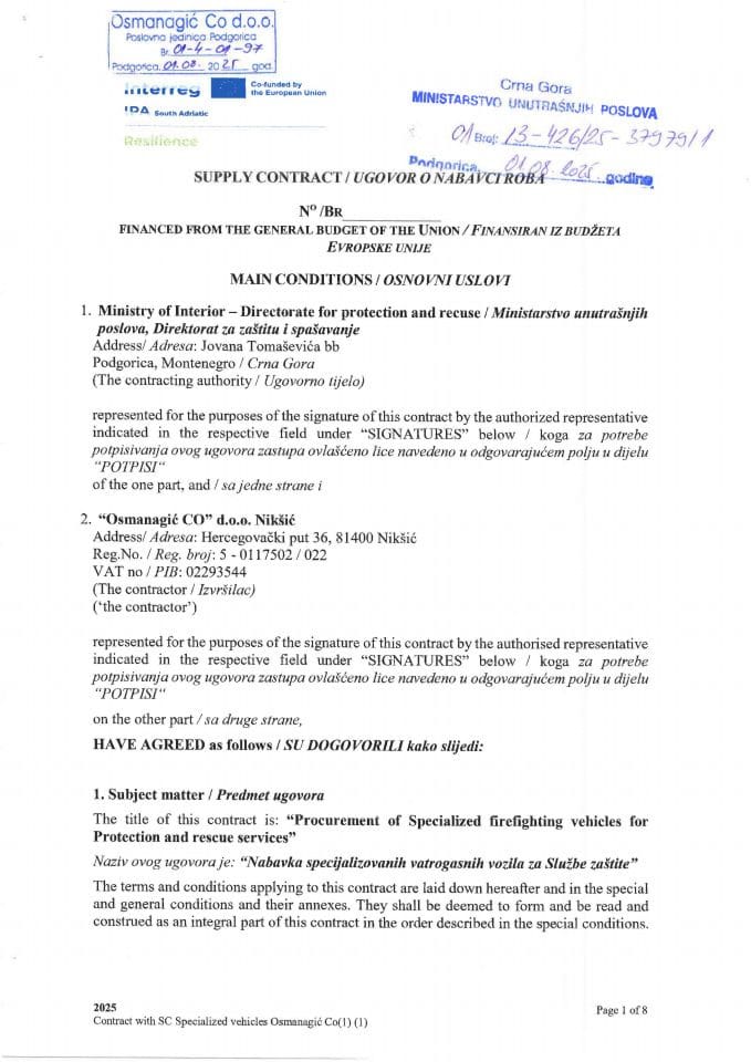 Supply Contract/Ugovor o nabavci malih vatrogasnih vozila zaključen u okviru IPA projekta Resilience