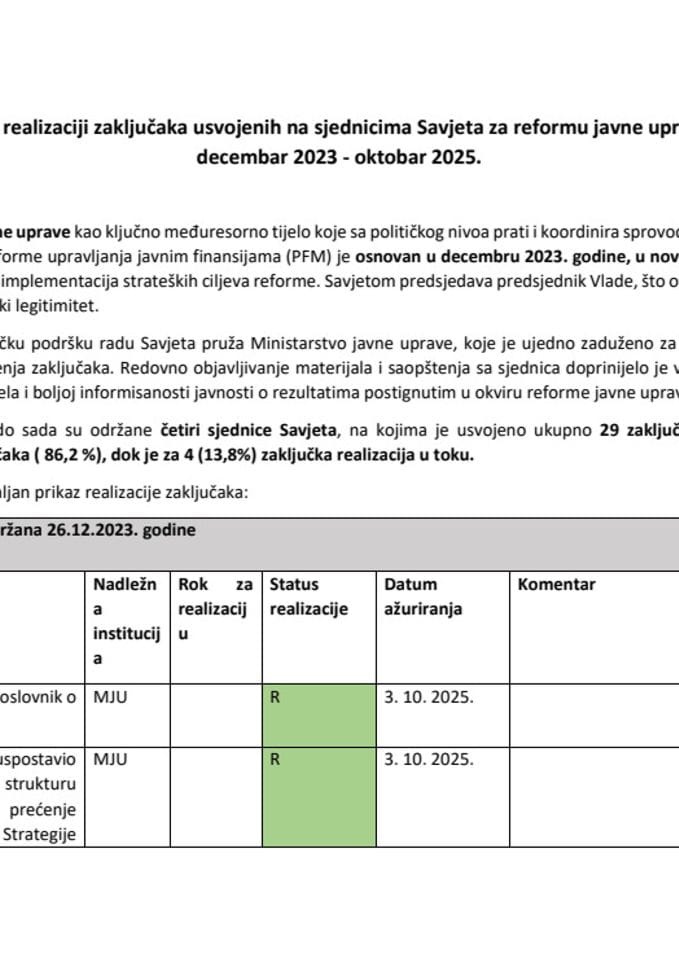 Информација о реализацији закључака усвојених на сједницима Савјета за реформу јавне управе