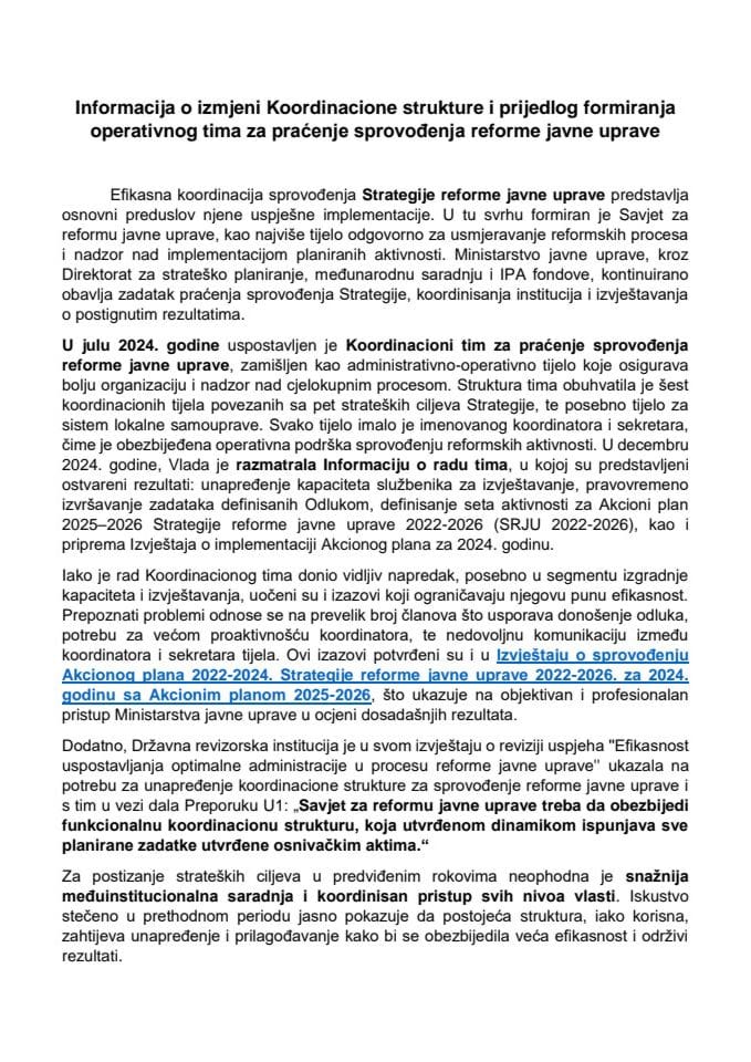 Информација о измјени координационе структуре и приједлог формирања оперативног тима за праћење спровођења реформе јавне управе