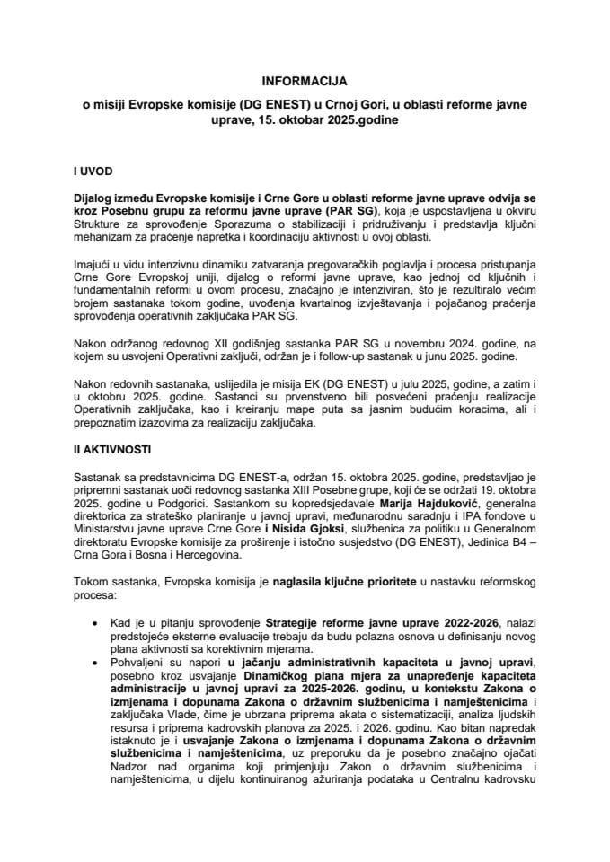Информација о мисији ДГ ЕНЕСТ октобар 2025