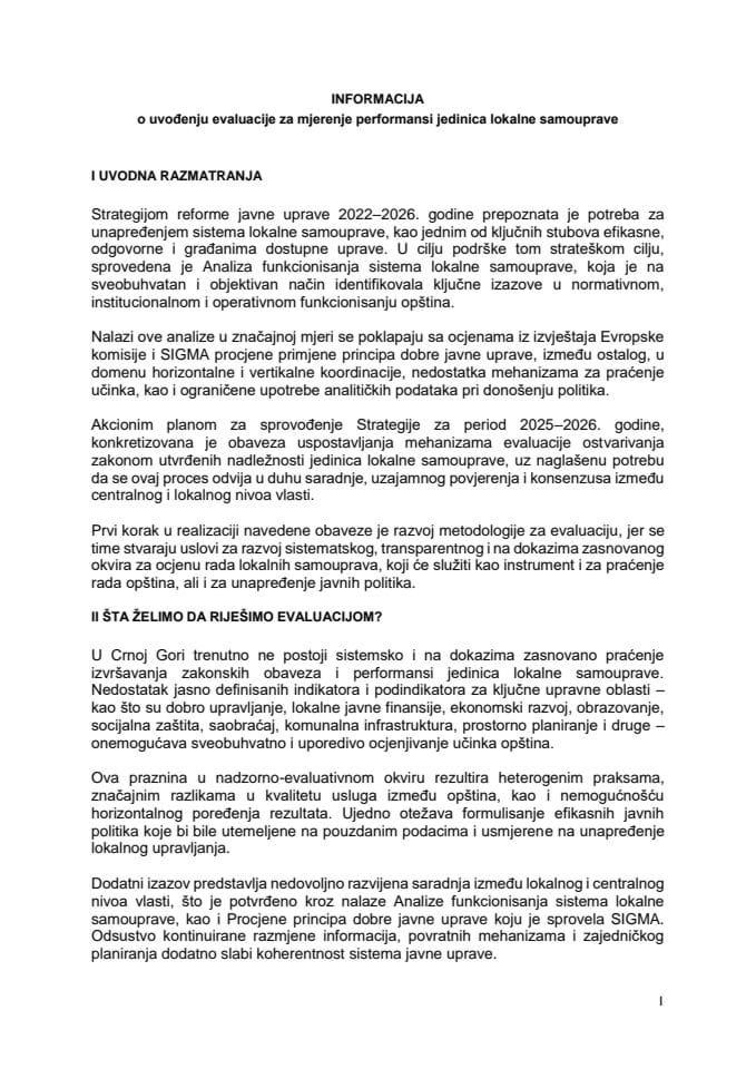 Информација о увођењу евалуације за мјерење перформанси ЈЛС