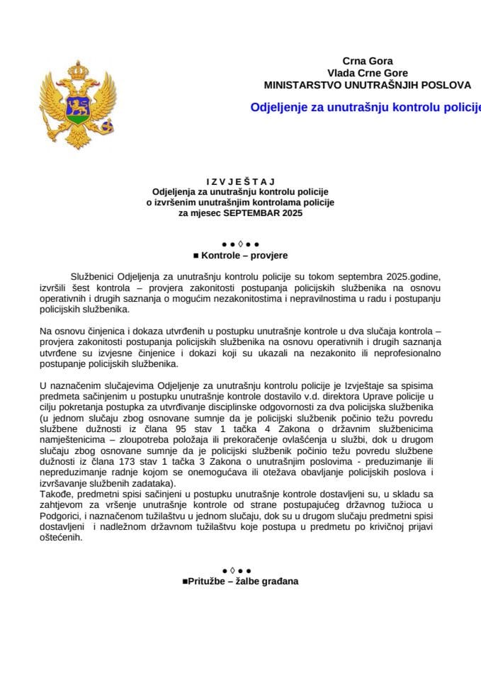 Izvještaj o postupanju po pritužbama i kontrolama za mjesec septembar 2025. godine