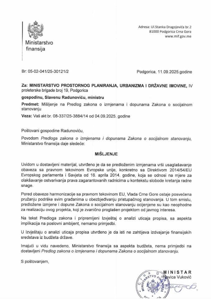 Mišljenje na Predlog zakona o izmjenama i dopunama Zakona o socijalnom stanovanju