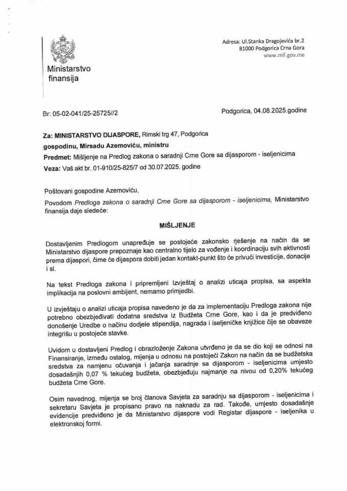 Mišljenje na Predlog zakona o dijaspori