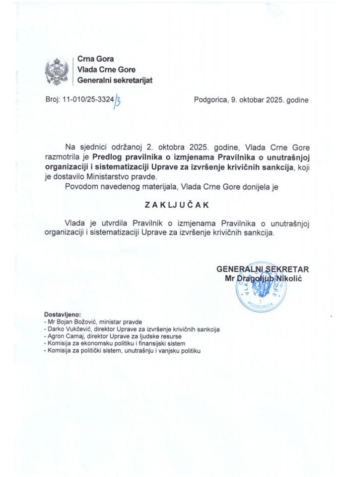 Предлог правилника о измјенама Правилника о унутрашњој организацији и систематизацији Управе за извршење кривичних санкција - закључци