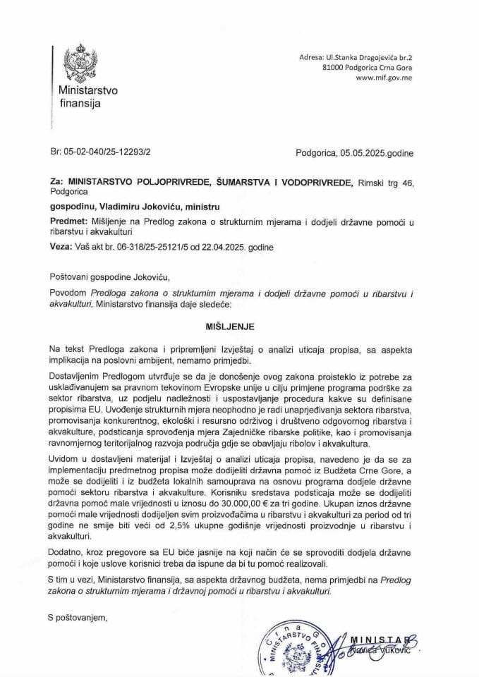 Mišljenje na Predlog zakona o strukturnim mjerama i dodjeli državne pomoći u ribarstvu i akvakulturi