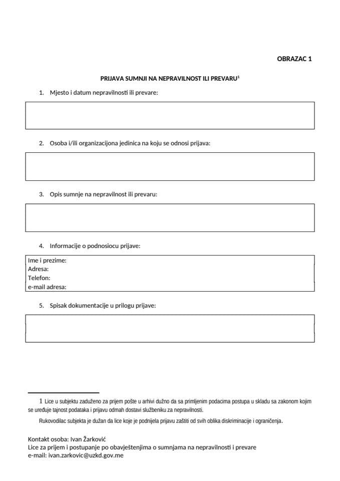 Obrazac prijave sumnji na nepravilnosti ili prevare