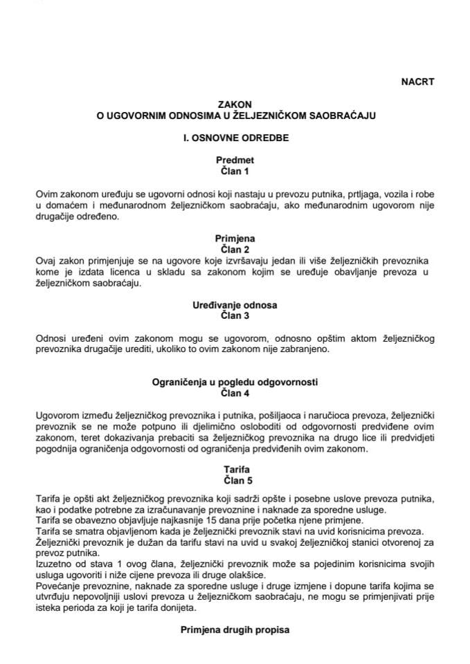 Nacrt zakona o ugovornim odnosima u željezničkom saobraćaju