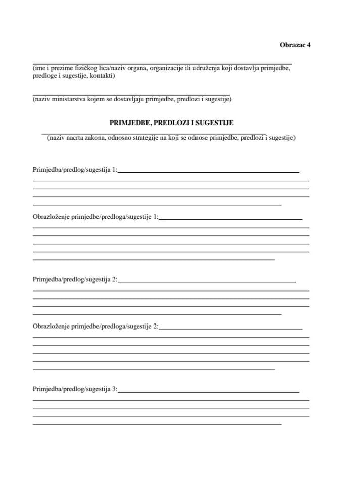 Obrazac 4 - Primjedbe predlozi i sugestije na Nacrt zakona o ugovornim odnosima u željezničkom saobraćaju