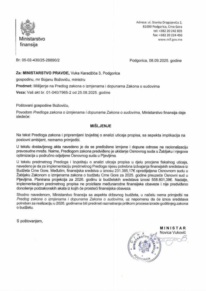 Mišljenje na Predlog zakona o izmjenama i dopunama Zakona o sudovima