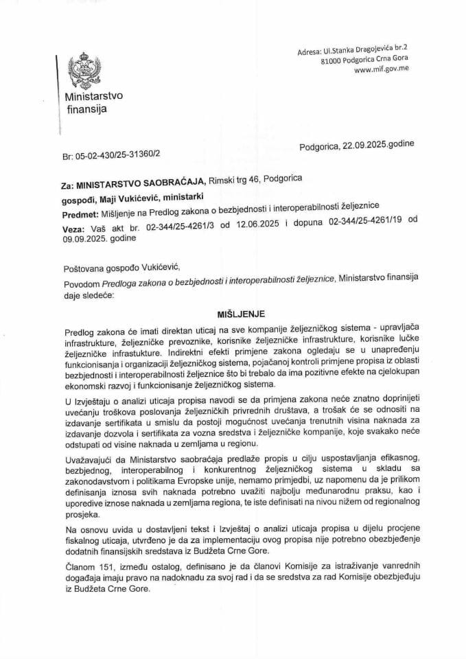 Mišljenje na Predlog zakona o bezbjednosti i interoperabilnosti željeznice