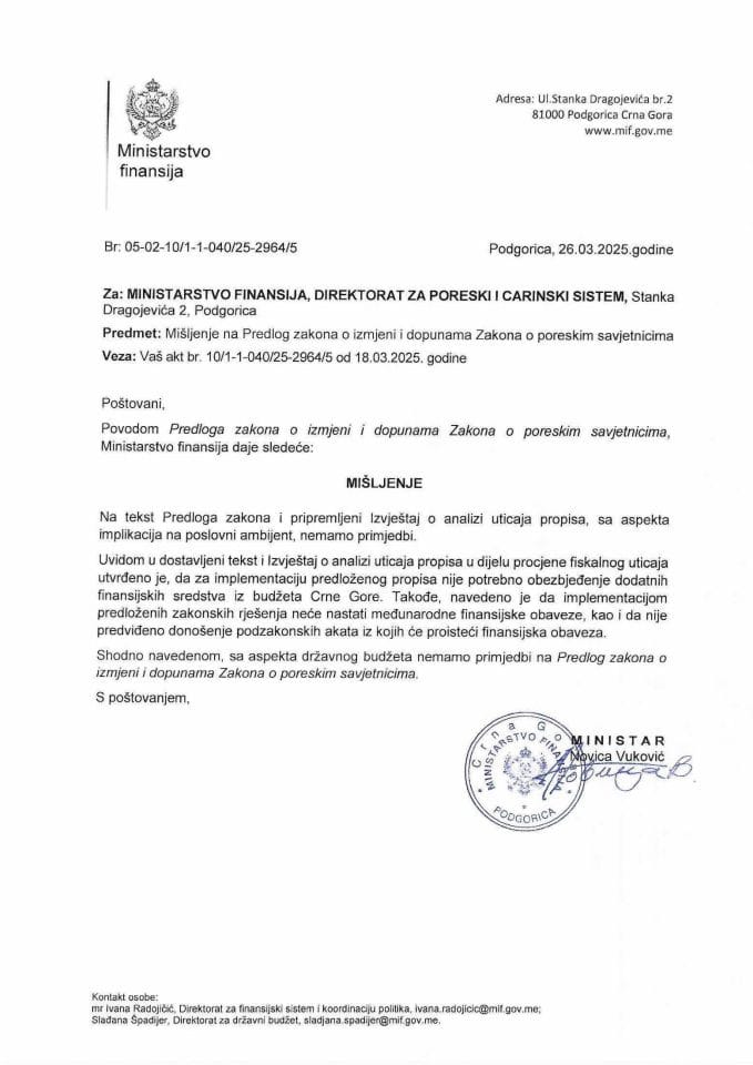 Mišljenje na Predlog zakona o izmjeni dopunama Zakona o poreskim savjetnicima