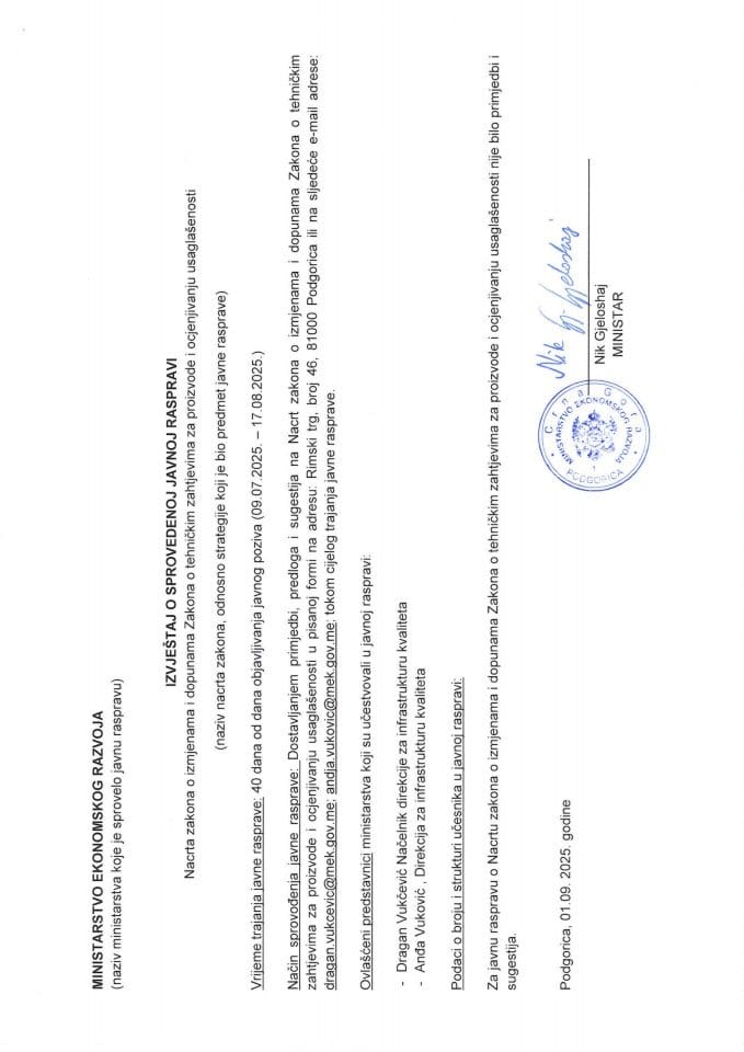 Извјештај са јавне расправе Закон о техничким захтјевима за производе