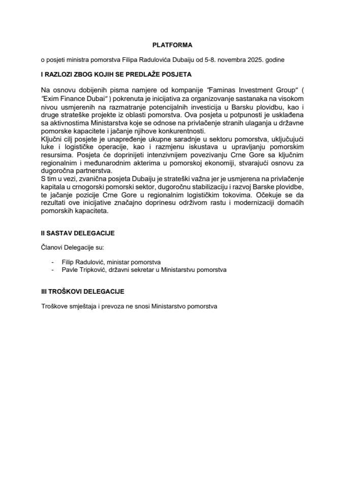Предлог платформе о посјети министра поморства Филипа Радуловића Дубаију, од 5. до 8. новембра 2025. године