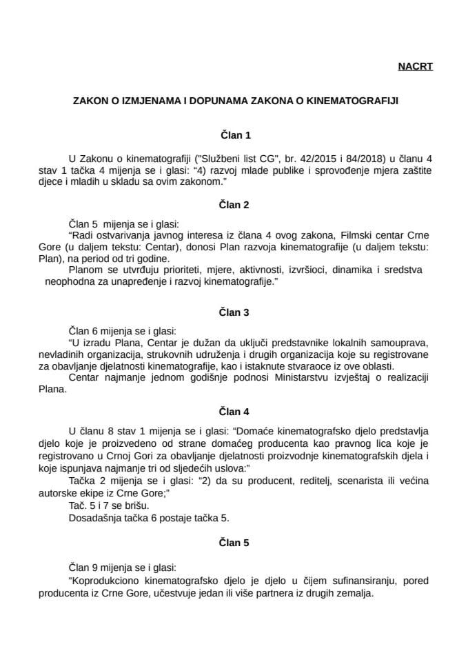 Nacrt zakona o izmjenama i dopunama Zakona o kinematografiji - Javna rasprava