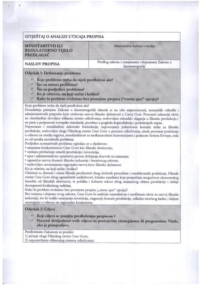 РИА образац - Нацрт закона о измјенама и допунама Закона о кинематографији
