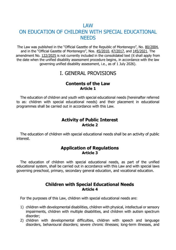 Law on Education of  Children with Special  Educational  Needs