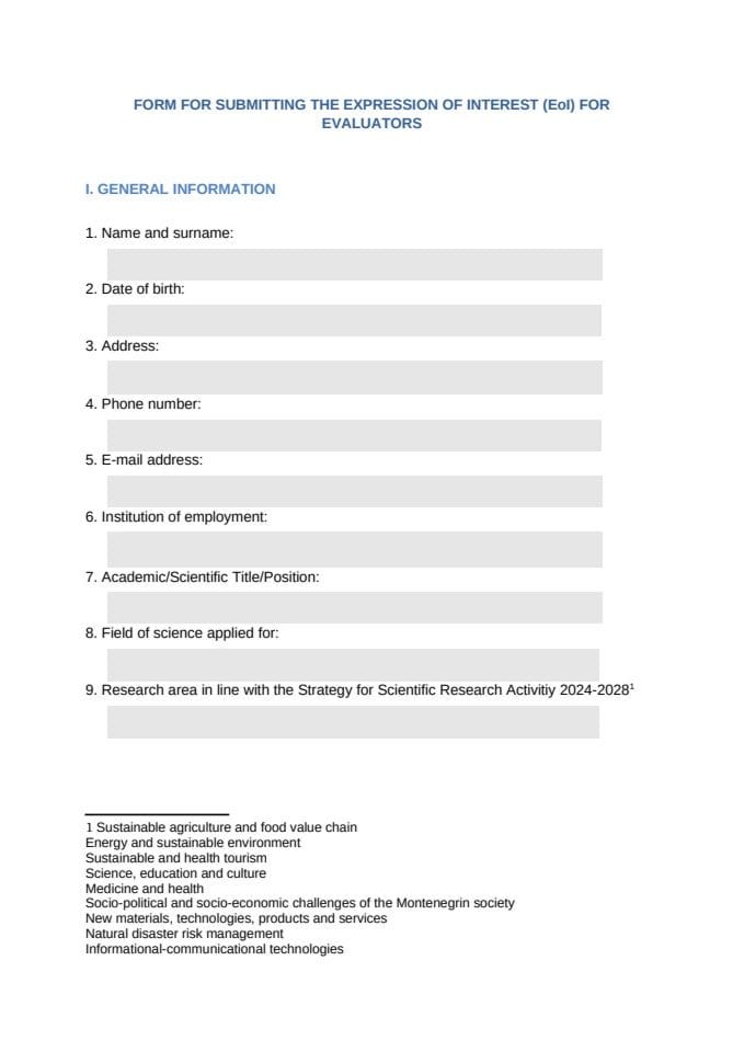 Form for submitting EoI