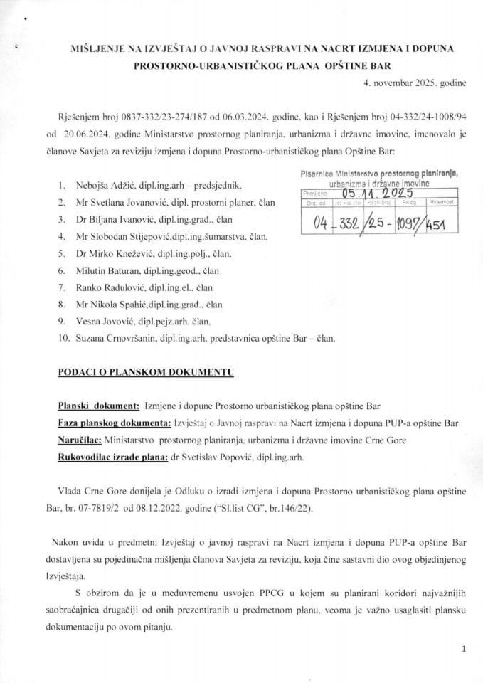 Izvještaj o javnoj raspravi o Nacrtu Izmejna i dopuna PUP-a Opštine Bar i Mišljenje Savjeta za reviziju planskog dokumenta - Mišljenje Savjeta za reviziju planskog dokumenta