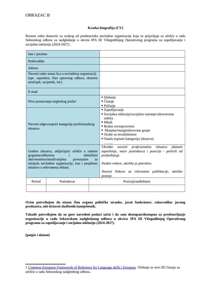 Form B -_short CV format NGO OP ESI_MNE