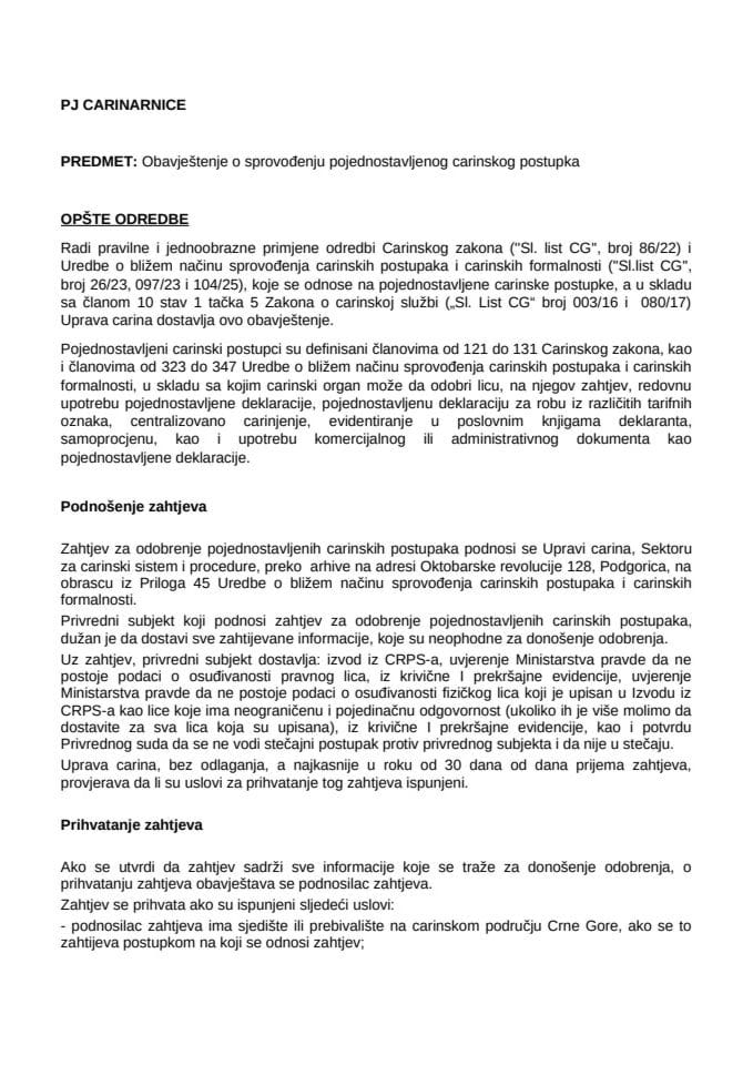 Obavještenje o sprovođenju pojednostavljenog carinskog postupka