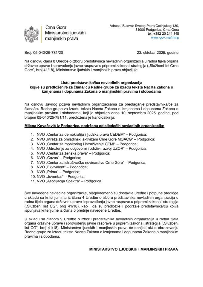 Lista predstavnika/ica NVO koji/e su predloženi/e za člana/icu Radne grupe za izradu Nacrta Zakona o izmjenama i dopunama Zakona o manjinskim pravima i slobodama