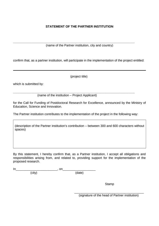 Statement of Partner Institution