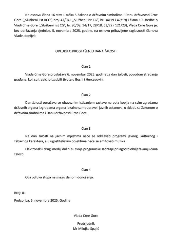 Predlog odluke o proglašenju Dana žalosti