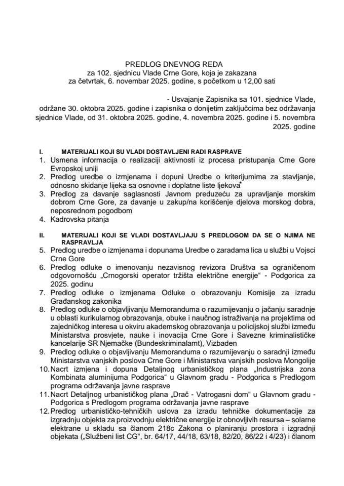 Предлог дневног реда за 102. сједницу Владе Црне Горе
