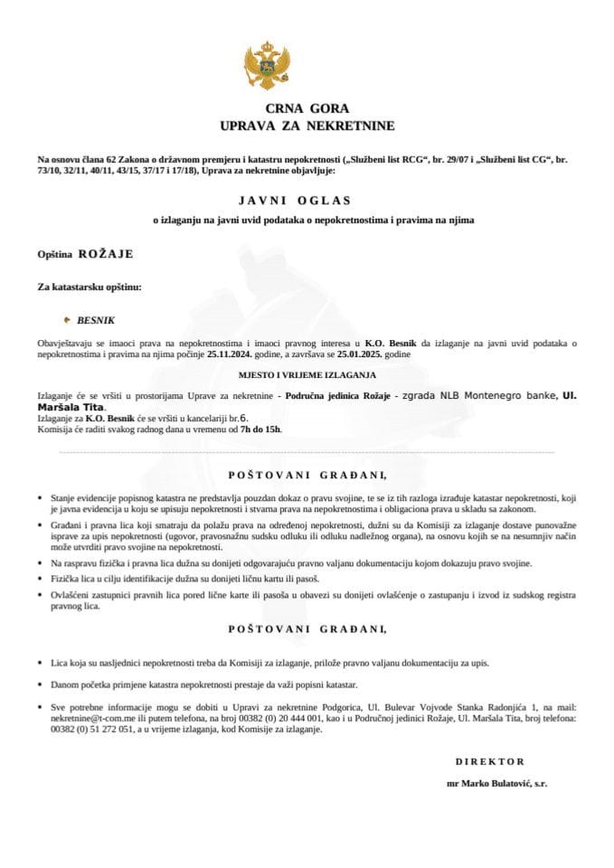 Јавни оглас о излагању на јавни увид података о непокретностима и правима на њима - Општина Рожаје (К.О. Бесник)