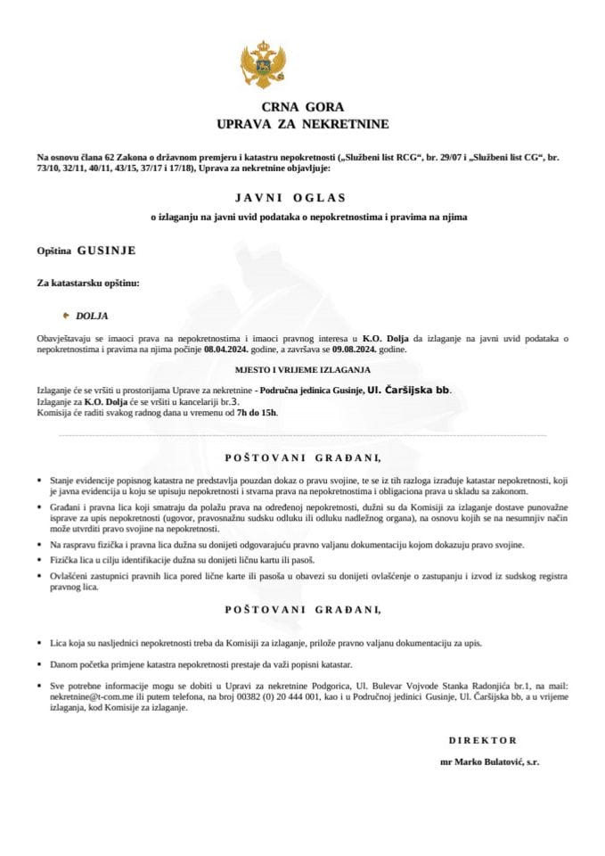 Јавни оглас о излагању на јавни увид података о непокретностима и правима на њима - Општина Гусиње (К.О. Доља)