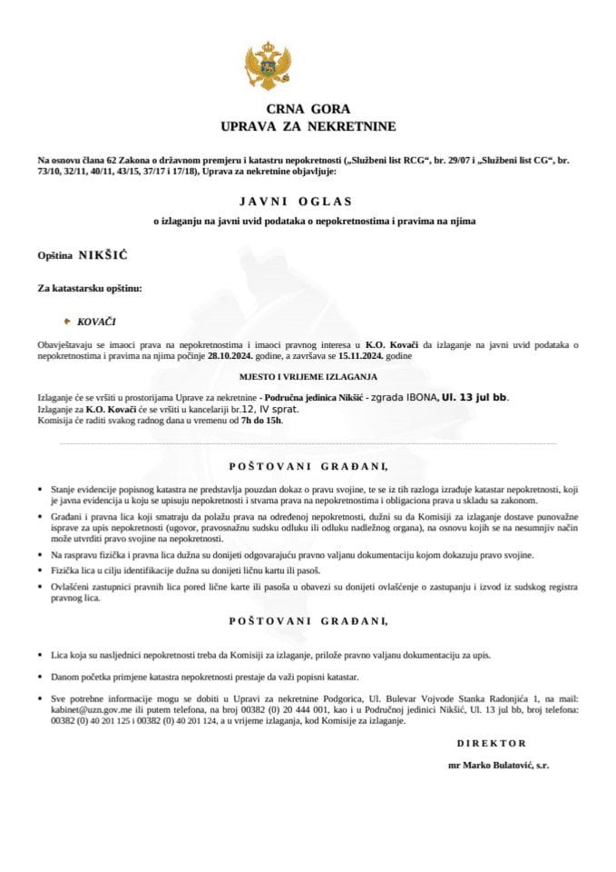 Јавни оглас о излагању на јавни увид података о непокретностима и правима на њима - Општина Никшић (К.О. Ковачи)