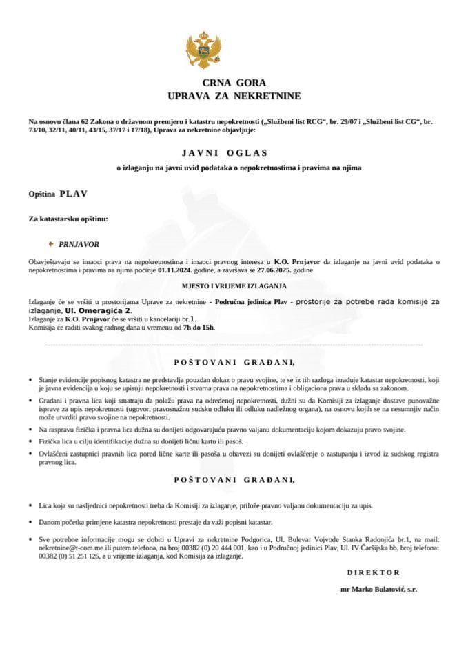 Јавни оглас о излагању на јавни увид података о непокретностима и правима на њима - Општина Плав (К.О. Прњавор)