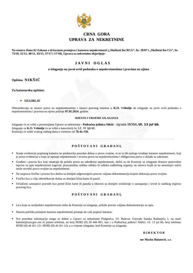 Јавни оглас о излагању на јавни увид података о непокретностима и правима на њима - Општина Никшић (К.О. Велимље)