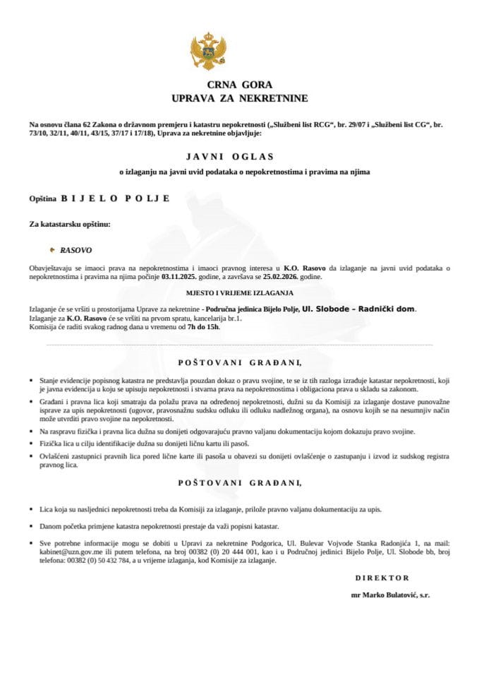 Javni oglas o izlaganju na javni uvid podataka o nepokretnostima i pravima na njima - Bijelo polje (K.O. Rasovo)