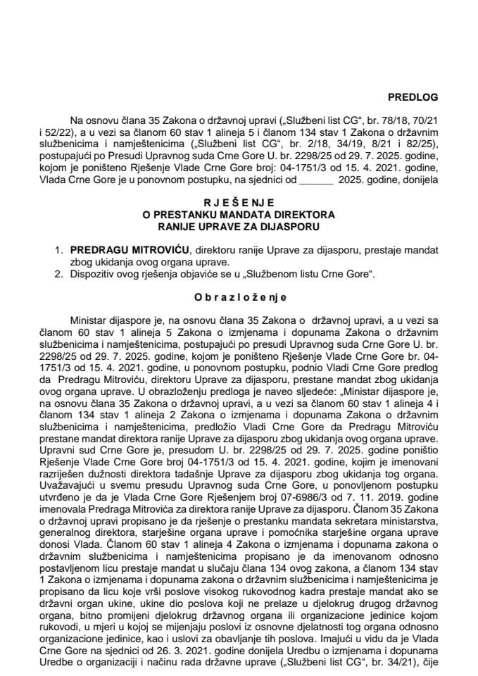 Predlog za prestanak mandata direktora ranije Uprave za dijasporu