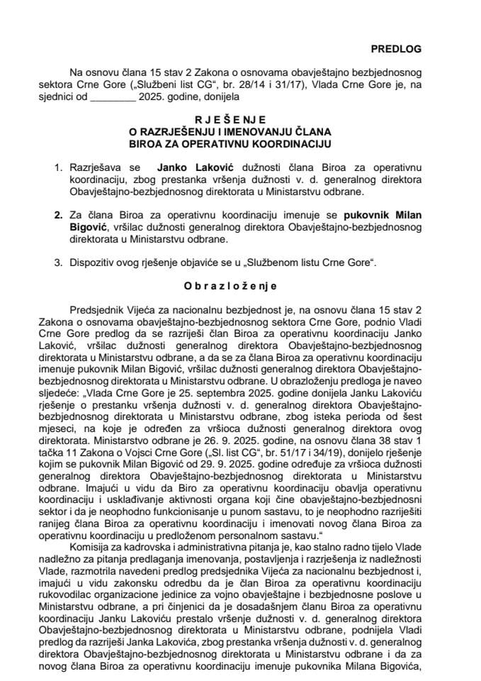 Predlog za razrješenje i imenovanje člana Biroa za operativnu koordinaciju
