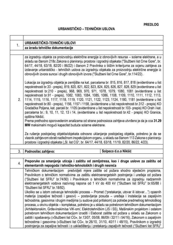 Предлог урбанистичко-техничких услова за израду техничке документације за изградњу објекта за производњу електричне енергије из обновљивих ресурса – соларне електране, а по захтјеву SOLPECO д.о.о. Никшић