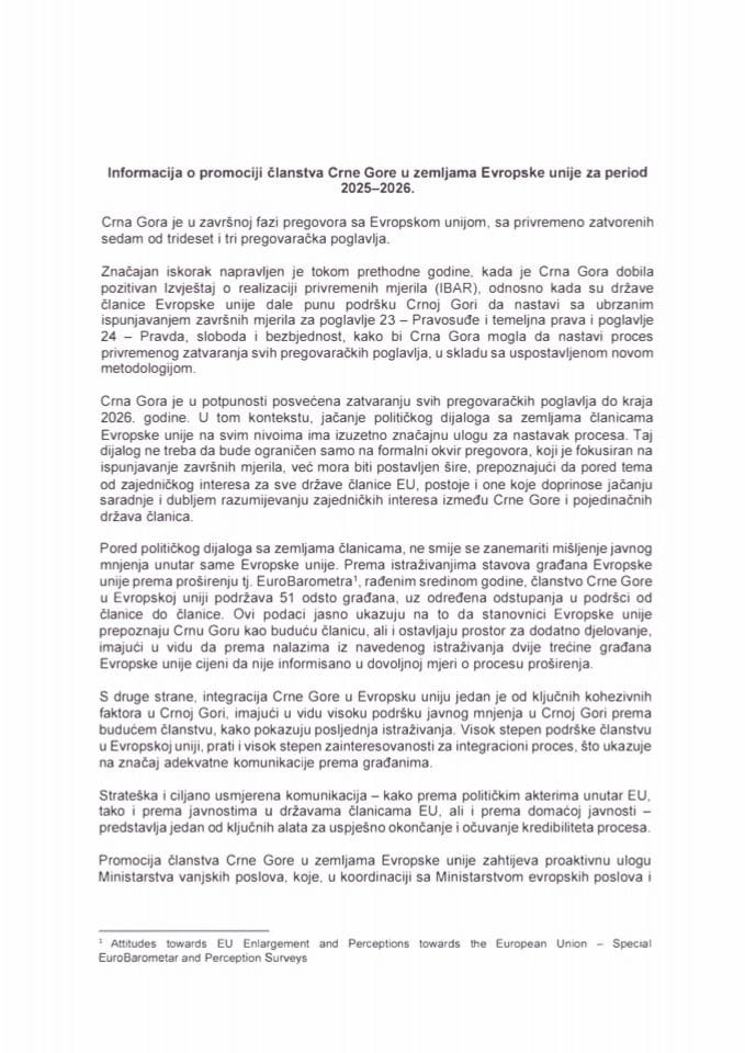 Informacija o promociji članstva Crne Gore u zemljama Evropske unije za period 2025-2026.