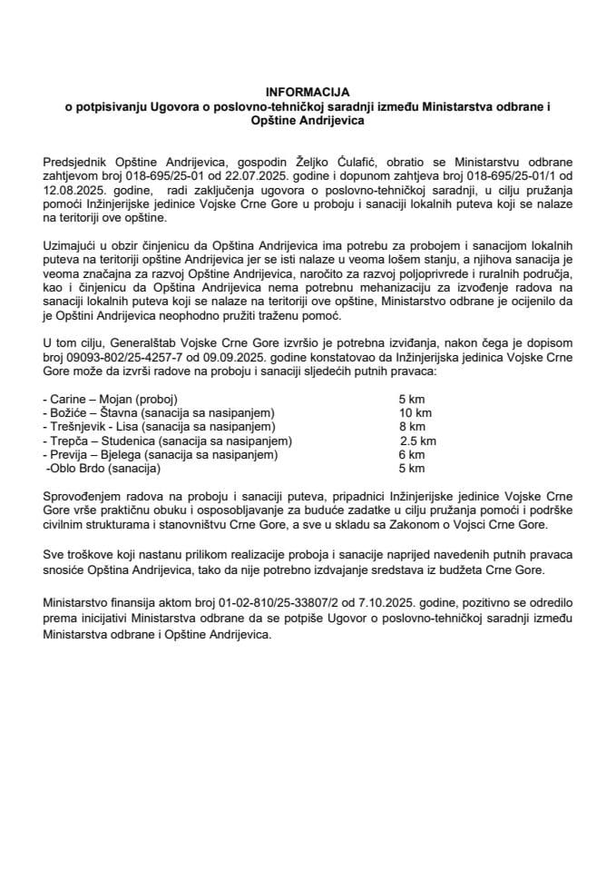 Informacija o potpisivanju Ugovora o poslovno-tehničkoj saradnji između Ministarstva odbrane i Opštine Andrijevica s Predlogom ugovora