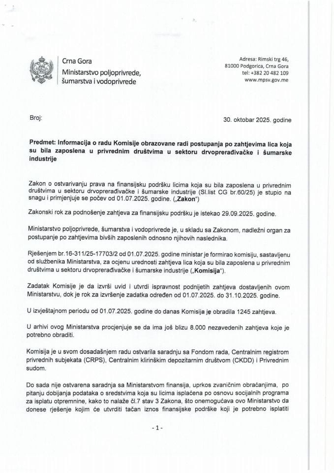 Информација о раду Комисије образоване ради поступања по захтјевима лица која су била запослена у привредним друштвима у сектору дрвопрерађивачке и шумарске индустрије