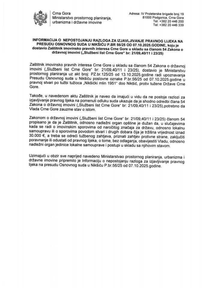 Informacija o nepostojanju razloga za izjavljivanje pravnog lijeka na presudu Osnovnog suda u Nikšiću P.br 56/25 od 07.10.2025. godine