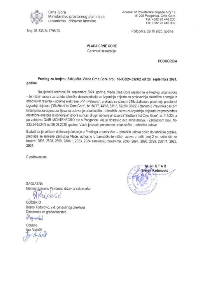 Predlog za izmjenu Zaključka Vlade Crne Gore, broj: 10-333/24-5324/2, od 26. septembra 2024. godine, sa sjednice od 19. septembra 2024. godine