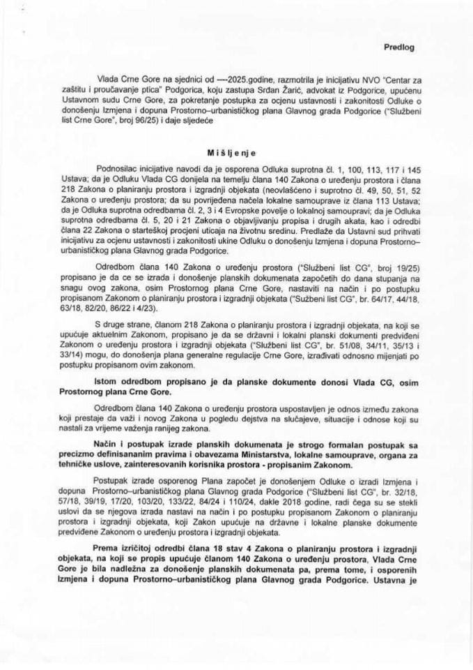 Predlog mišljenja povodom Inicijative za pokretanje postupka za ocjenu ustavnosti i zakonitosti Odluke o donošenju Izmjena i dopuna Prostorno - urbanističkog plana Glavnog grada Podgorica