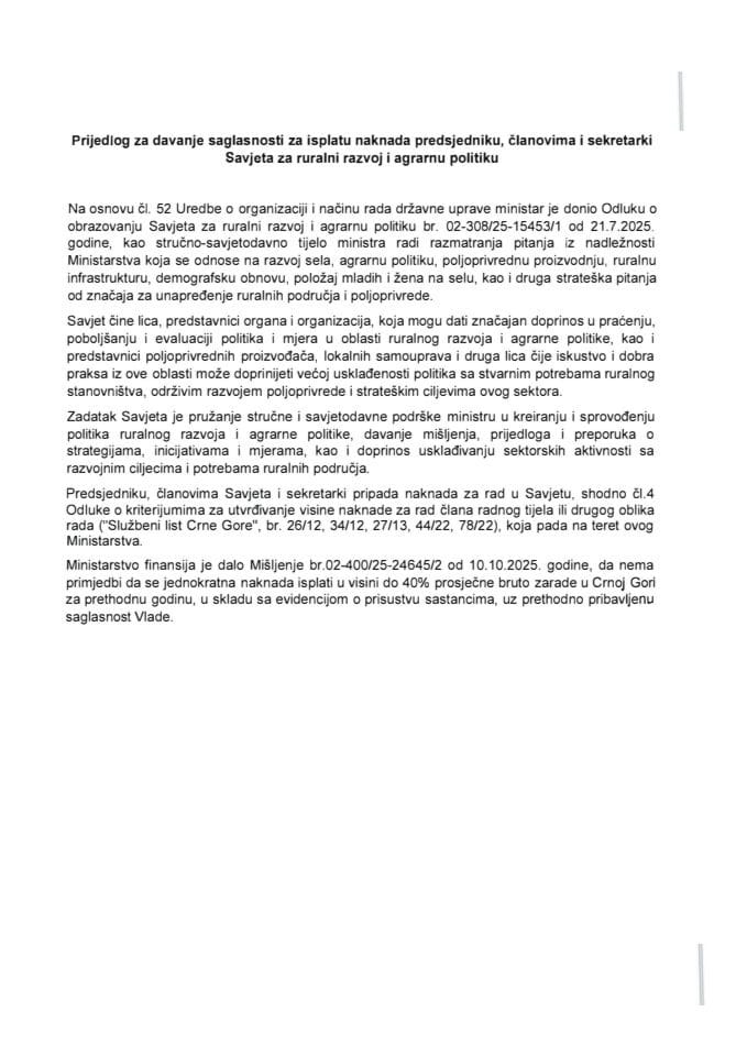 Predlog za davanje saglasnosti za isplatu naknada predsjedniku, članovima i sekretarki Savjeta za ruralni razvoj i agrarnu politiku