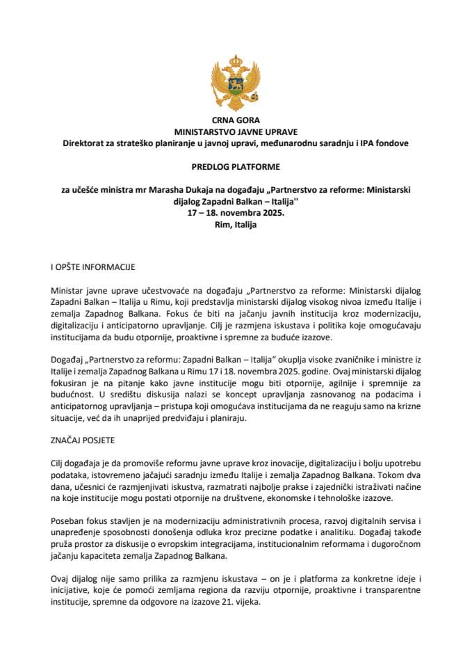 Predlog platforme za učešće ministra mr  Marasha Dukaja na događaju „Partnerstvo za reforme: Ministarski dijalog Zapadni Balkan – Italija'', 17 – 18. novembra 2025, Rim, Italija