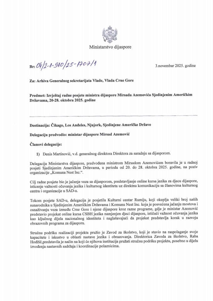 Извјештај са радне посјете министра дијаспоре Мирсада Аземовића Сједињеним Америчким Државама, 20-28. октобра 2025. године