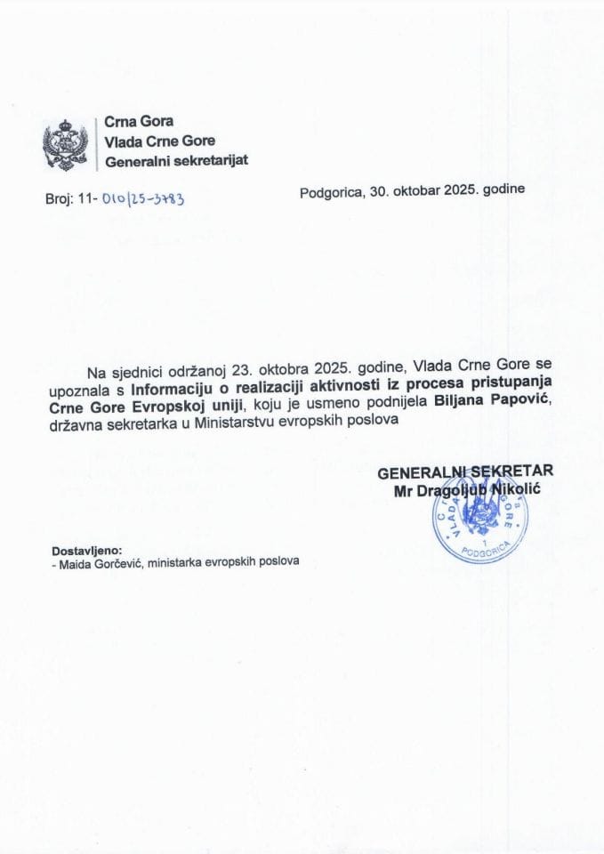 Усмена информација о реализацији активности из процеса приступања Црне Горе Европској унији - Закључци