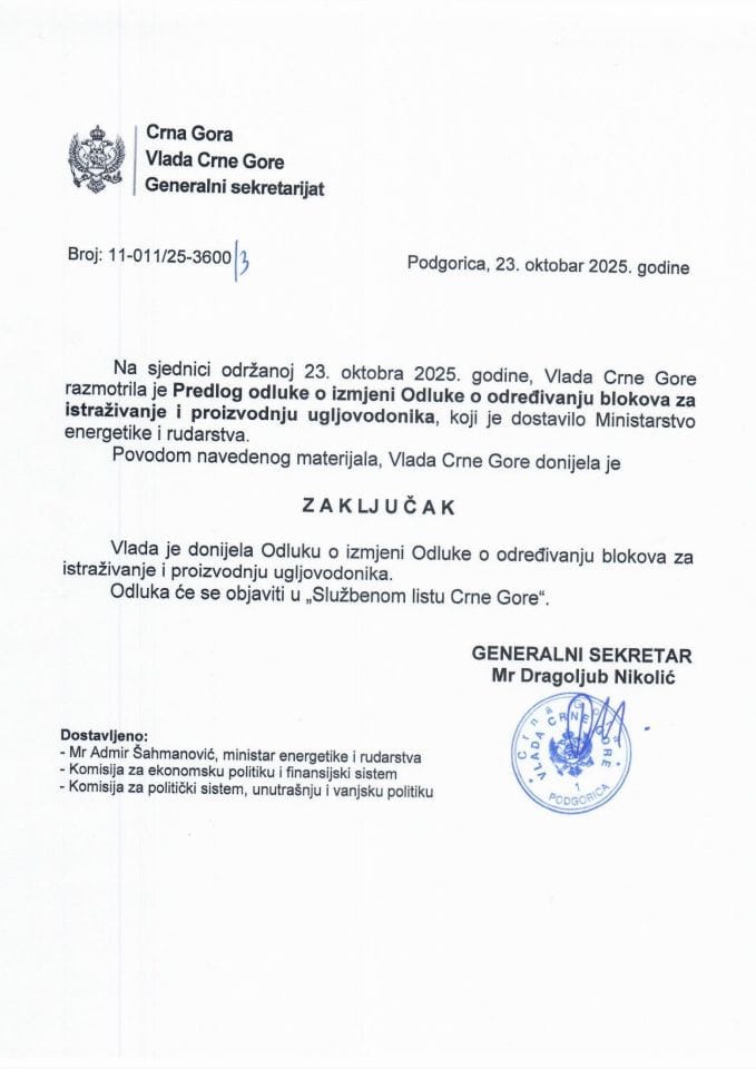 Предлог одлуке о измјени Одлуке о одређивању блокова за истраживање и производњу угљоводоника - Закључци