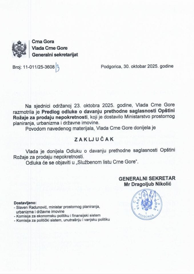 Предлог одлуке о давању претходне сагласности Општини Рожаје за продају непокретности - Закључци